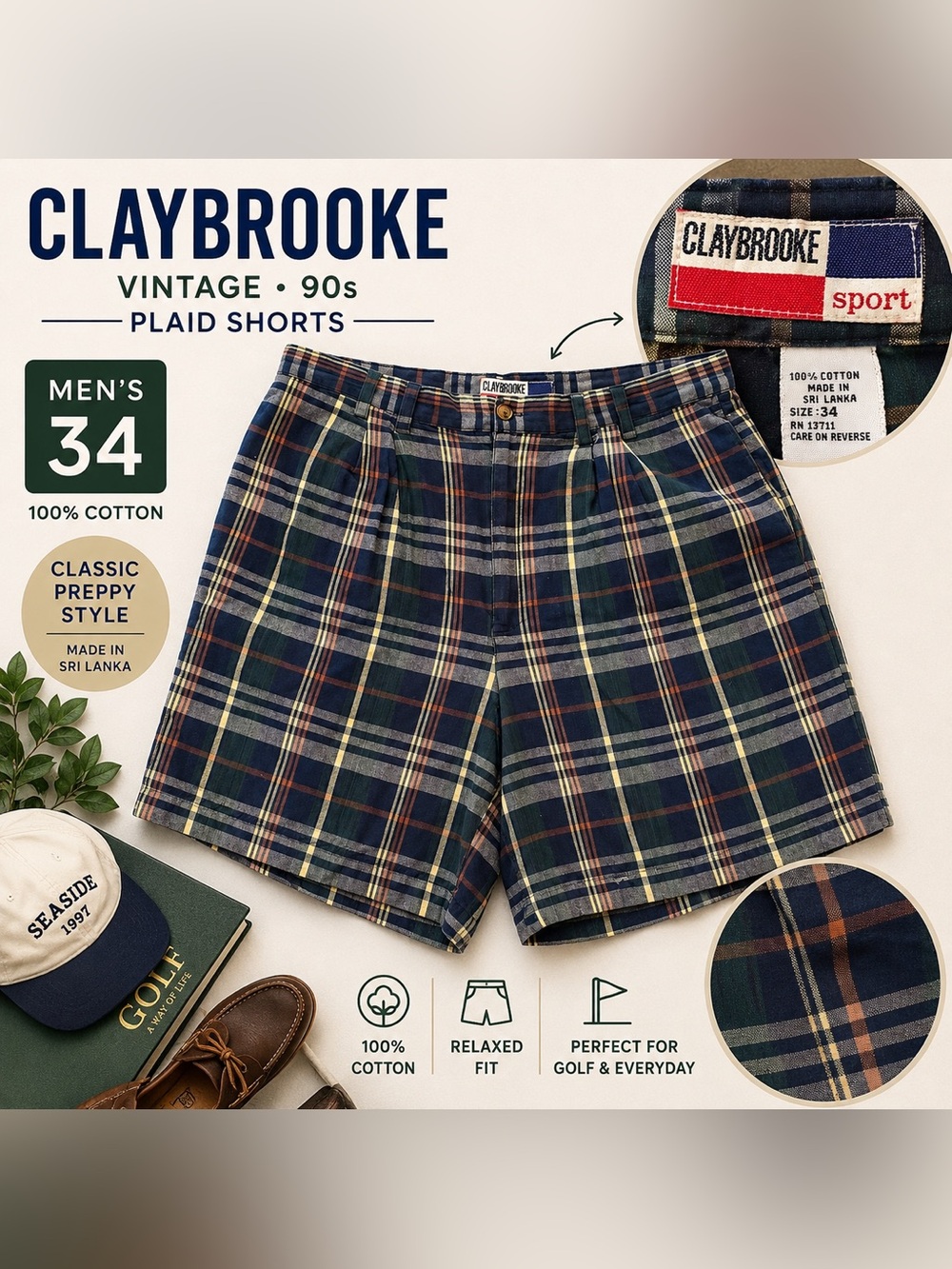 Claybrooke Navy Plaid Cotton Flat-Front Shorts - Men's 34 vintage 90s